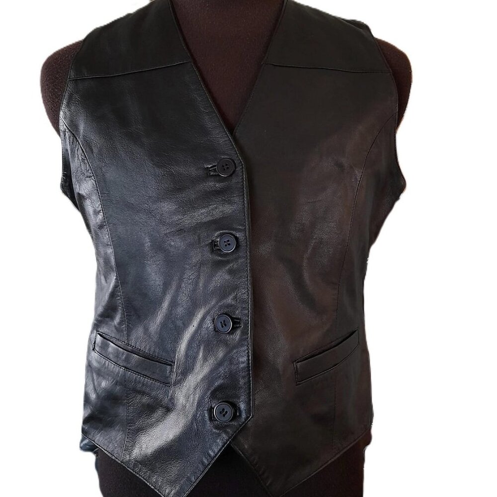 Vintage Black Leather Vest 38" Chest FLASH by BFC Waistcoat